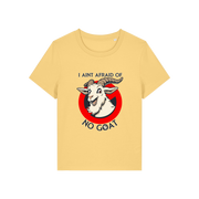yellow movie t-shirt with the graphic of a goat and the slogan 'i ain't afraid of no goat'