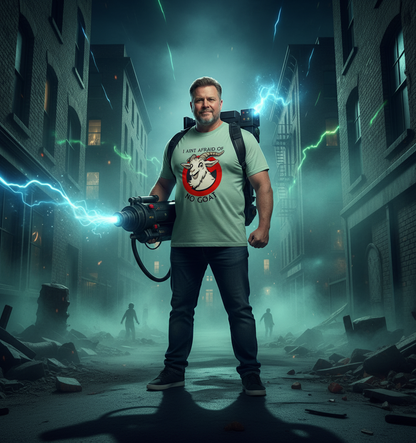 Man holding a futuristic weapon in a dystopian cityscape with neon lights.