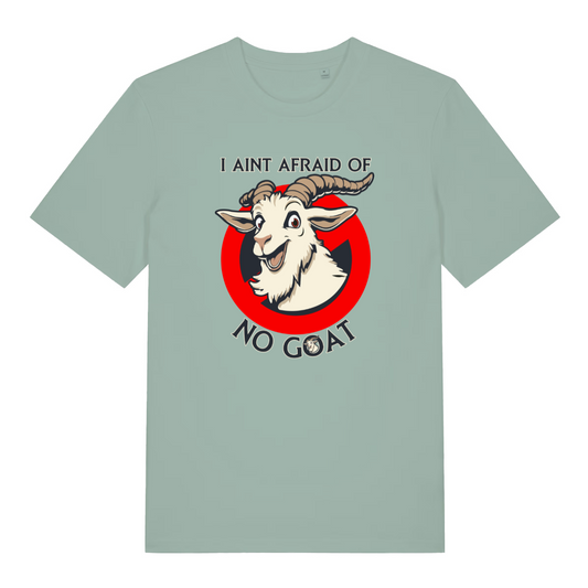 green movie t-shirt with the graphic of a goat and the slogan 'i ain't afraid of no goat'