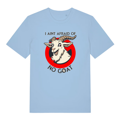 movie t-shirt with the graphic of a light blue goat and the slogan 'i ain't afraid of no goat'
