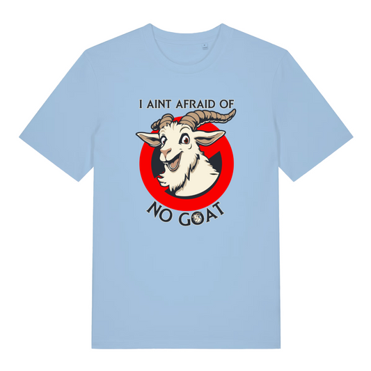 movie t-shirt with the graphic of a light blue goat and the slogan 'i ain't afraid of no goat'