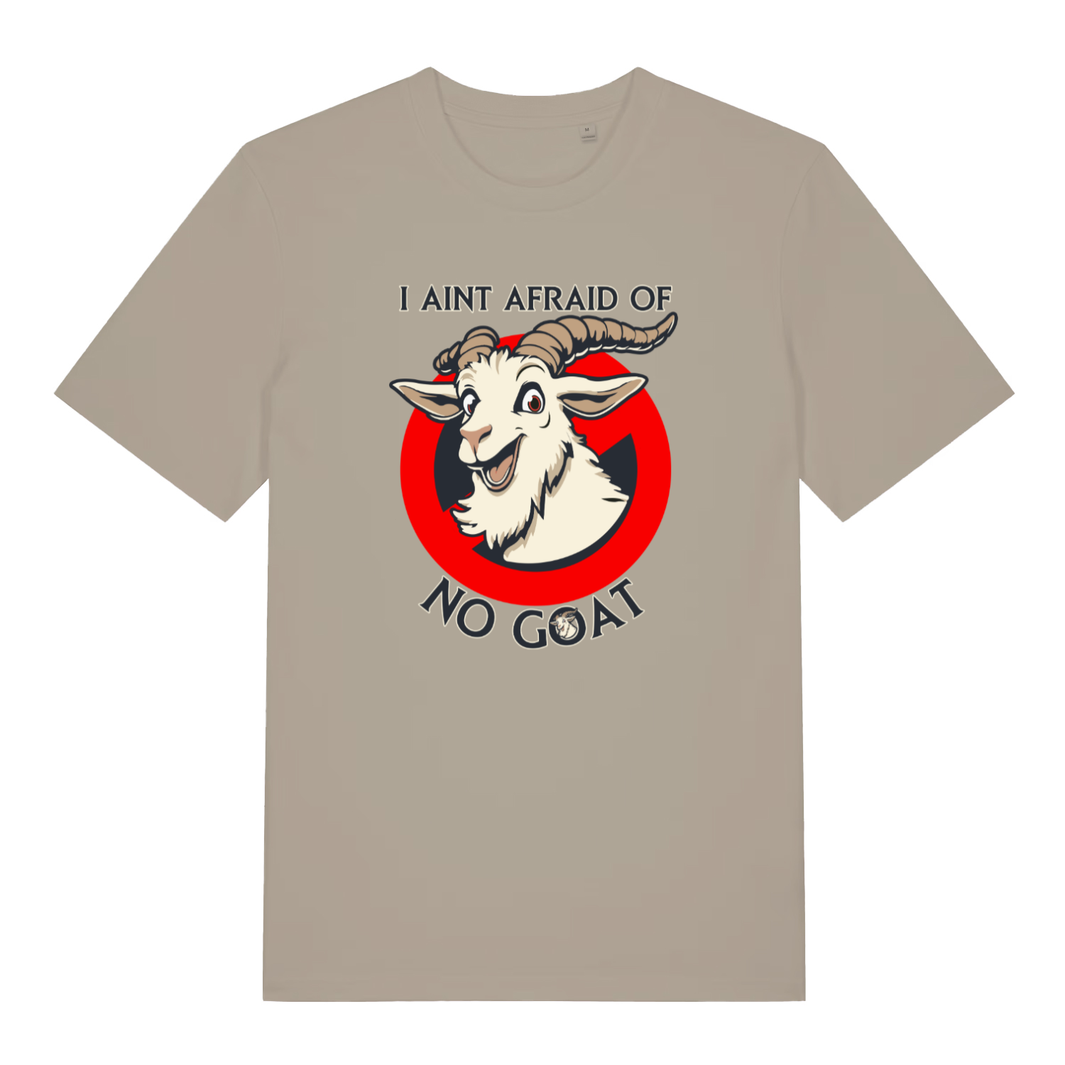 stone movie t-shirt with the graphic of a  goat and the slogan 'i ain't afraid of no goat'