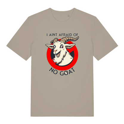 stone movie t-shirt with the graphic of a  goat and the slogan 'i ain't afraid of no goat'