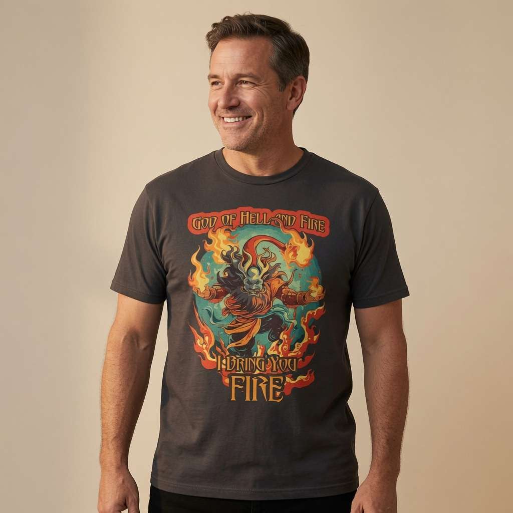 Man smiling in black God of Hell and Fire tee with I Bring You Fire design, mens retro music inspired graphic