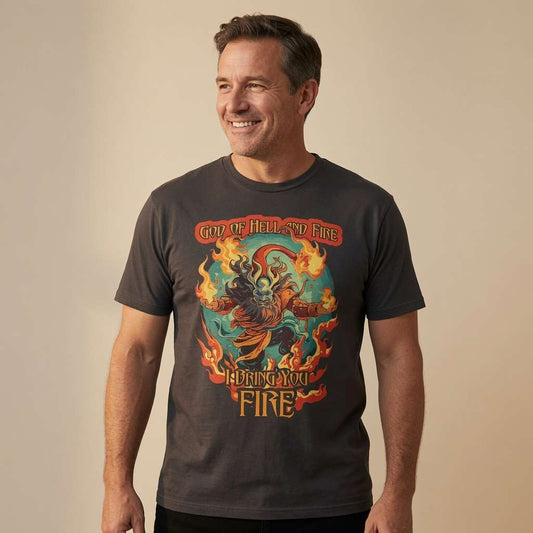 Man smiling in black God of Hell and Fire tee with I Bring You Fire design, mens retro music inspired graphic
