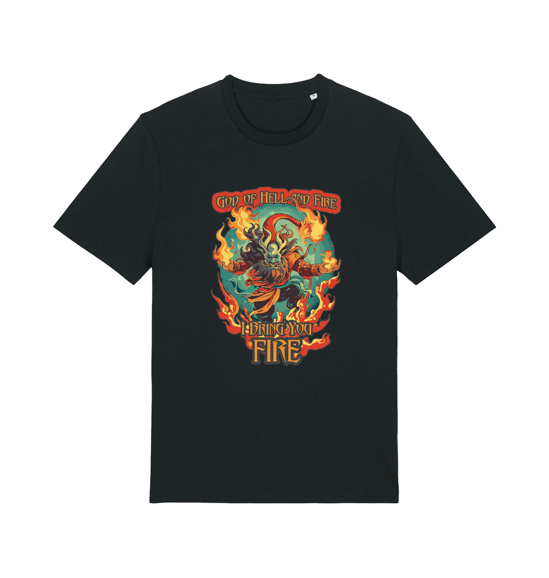 black music t-shirt with the graphic of the devil and the slogan 'god of hell fire i bring you fire'