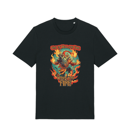 black music t-shirt with the graphic of the devil and the slogan 'god of hell fire i bring you fire'