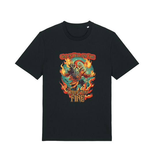black music t-shirt with the graphic of the devil and the slogan 'god of hell fire i bring you fire'