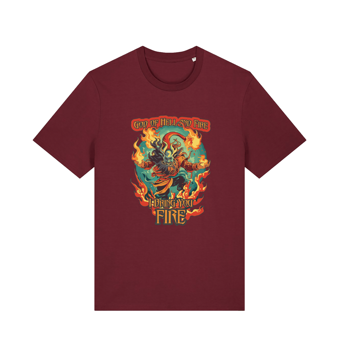 burgundy music t-shirt with the graphic of the devil and the slogan 'god of hell fire i bring you fire'