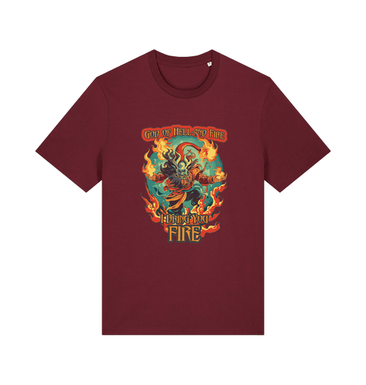 burgundy music t-shirt with the graphic of the devil and the slogan 'god of hell fire i bring you fire'