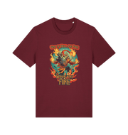 burgundy music t-shirt with the graphic of the devil and the slogan 'god of hell fire i bring you fire'