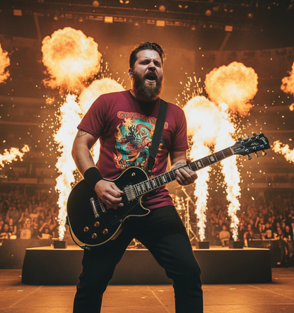 Guitarist performing on stage with fireworks in the background wearing a graphic music t-shirt