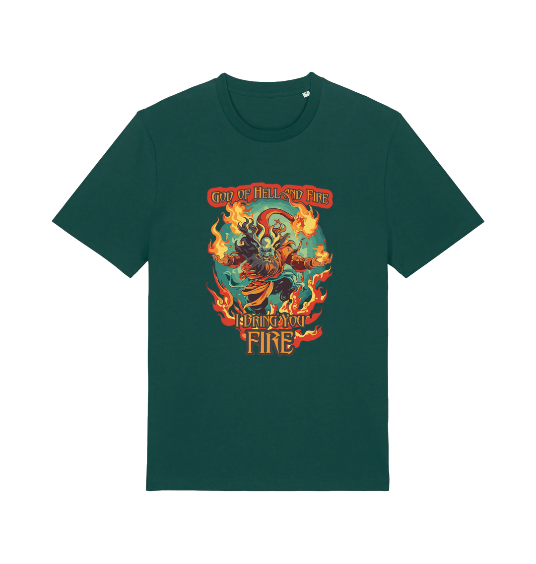 green music t-shirt with the graphic of the devil and the slogan 'god of hell fire i bring you fire'