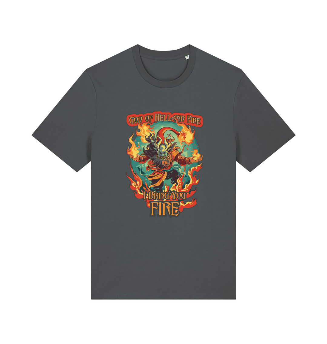 grey music t-shirt with the graphic of the devil and the slogan 'god of hell fire i bring you fire'
