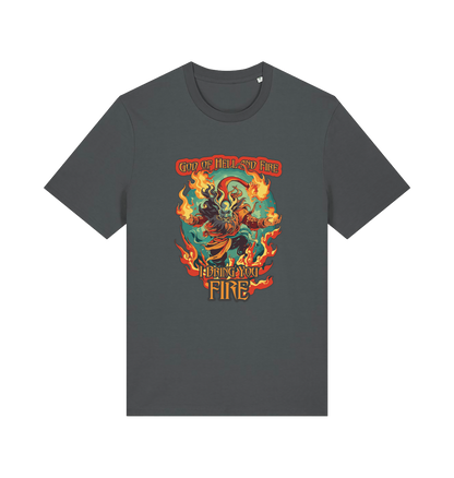 grey music t-shirt with the graphic of the devil and the slogan 'god of hell fire i bring you fire'