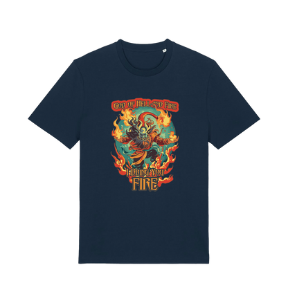navy music t-shirt with the graphic of the devil and the slogan 'god of hell fire i bring you fire'