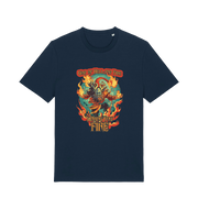 navy music t-shirt with the graphic of the devil and the slogan 'god of hell fire i bring you fire'