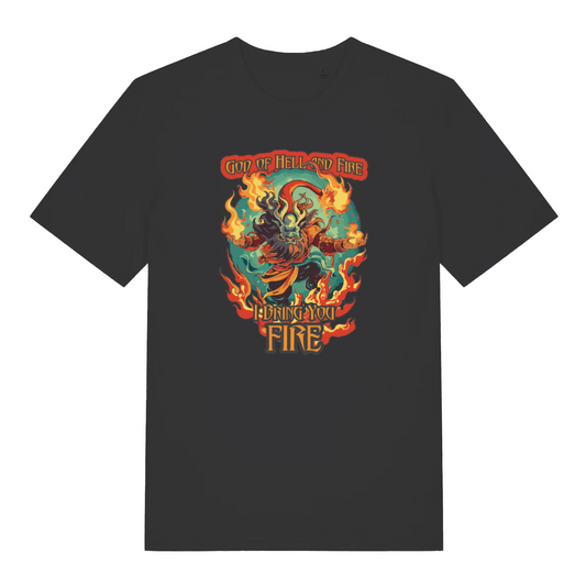 black music t-shirt with the graphic of a devil and the slogan 'god of hell and fire i bring you fire'