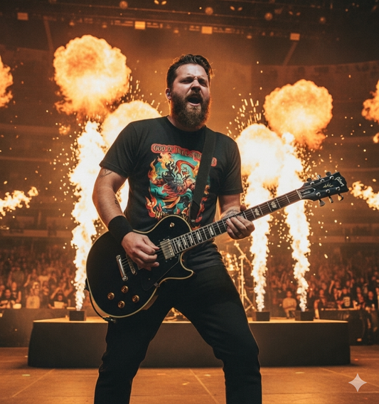 Man playing guitar on stage with fireworks in the background