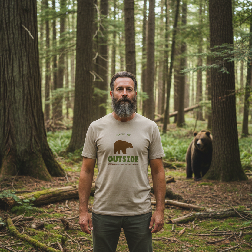 Man wearing a t-shirt with a bear graphic and 'Outside' text in a forest setting.