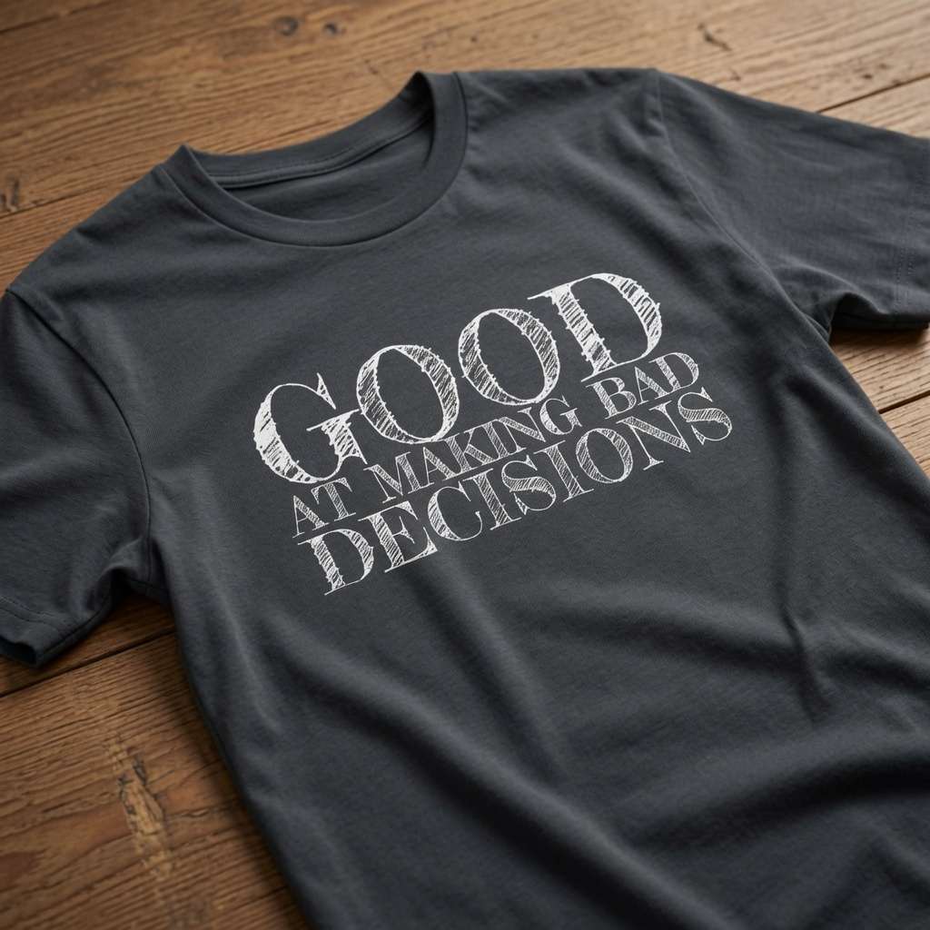 Ink grey Good at Making Bad Decisions t-shirt on wood with chalk-style text, funny relatable ladies slogan