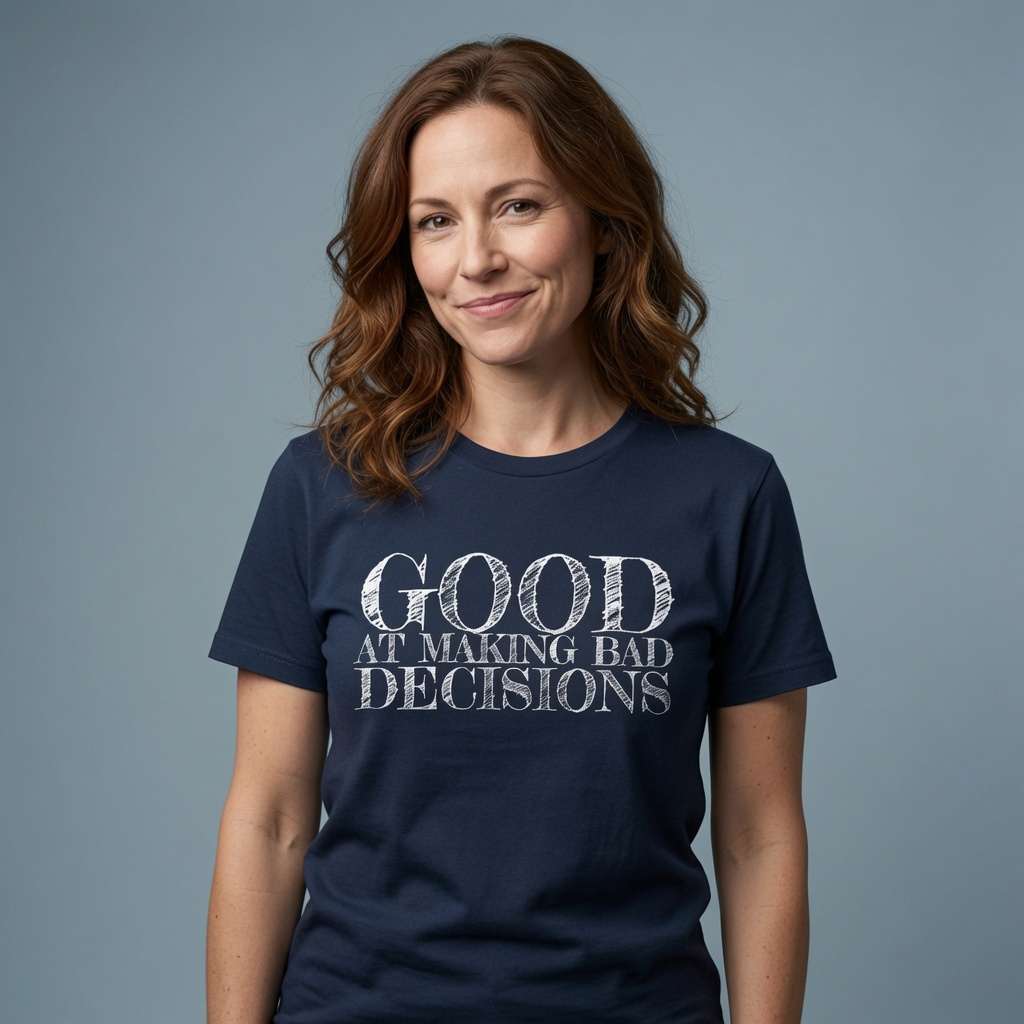 Woman with slight smile in navy Good at Making Bad Decisions tee, ladies humorous relatable slogan