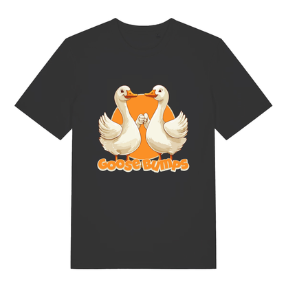 Black Goose Bumps T-shirt flat lay with two geese "Goose Bumps" pun graphic