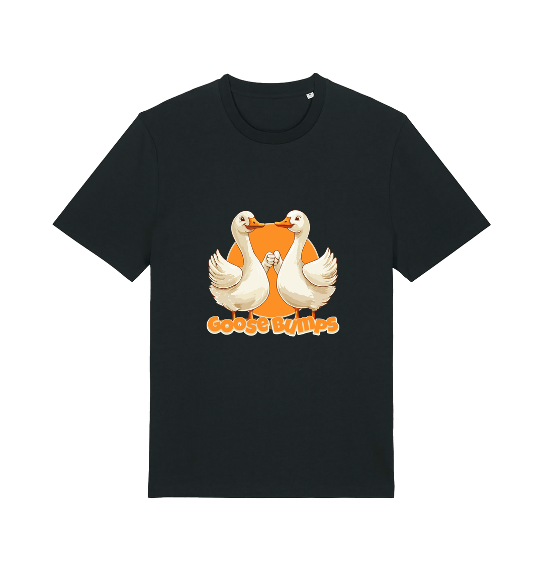 black funny animal t-shirt with the graphic of two geese fist bumping and the slogan 'goosebumps'