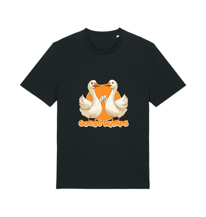 black funny animal t-shirt with the graphic of two geese fist bumping and the slogan 'goosebumps'
