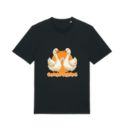 black funny animal t-shirt with the graphic of two geese fist bumping and the slogan 'goosebumps'