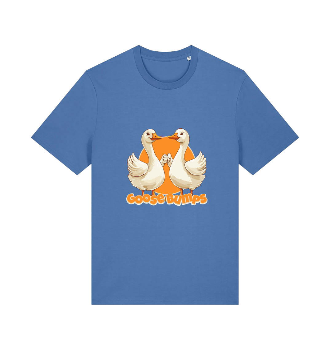 blue funny animal t-shirt with the graphic of two geese fist bumping and the slogan 'goosebumps'