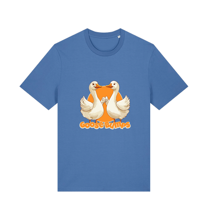 blue funny animal t-shirt with the graphic of two geese fist bumping and the slogan 'goosebumps'