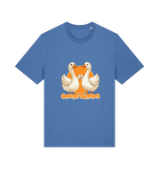 blue funny animal t-shirt with the graphic of two geese fist bumping and the slogan 'goosebumps'