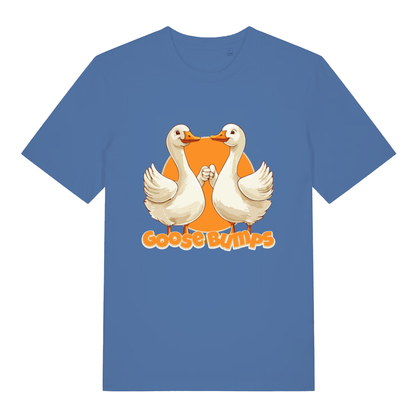 Bright Blue Goose Bumps T-shirt flat lay featuring funny hand-holding geese design