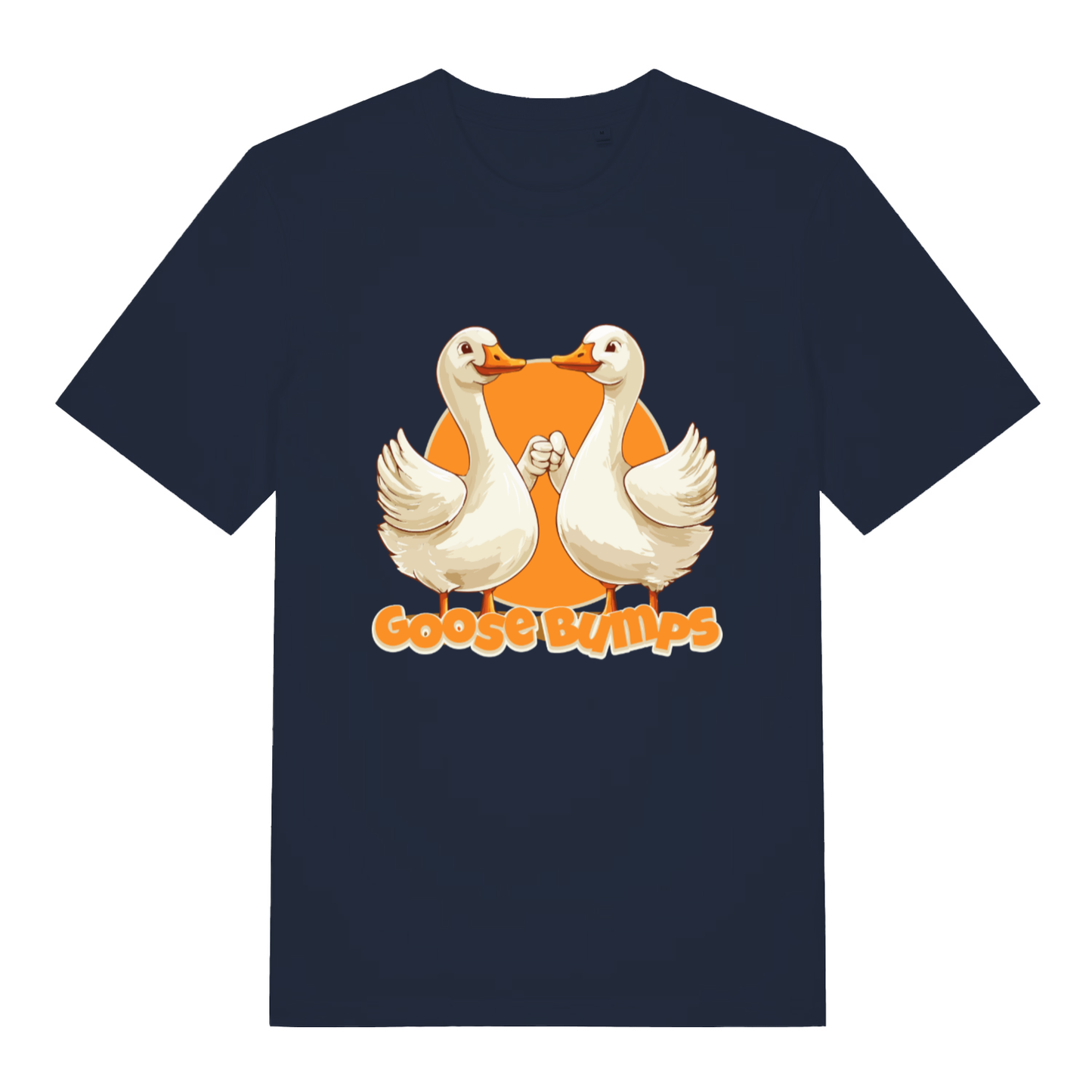French Navy Goose Bumps T-shirt flat lay showing cute geese "Goose Bumps" illustration