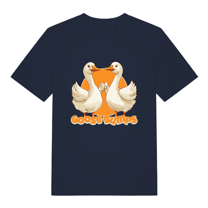 French Navy Goose Bumps T-shirt flat lay showing cute geese "Goose Bumps" illustration