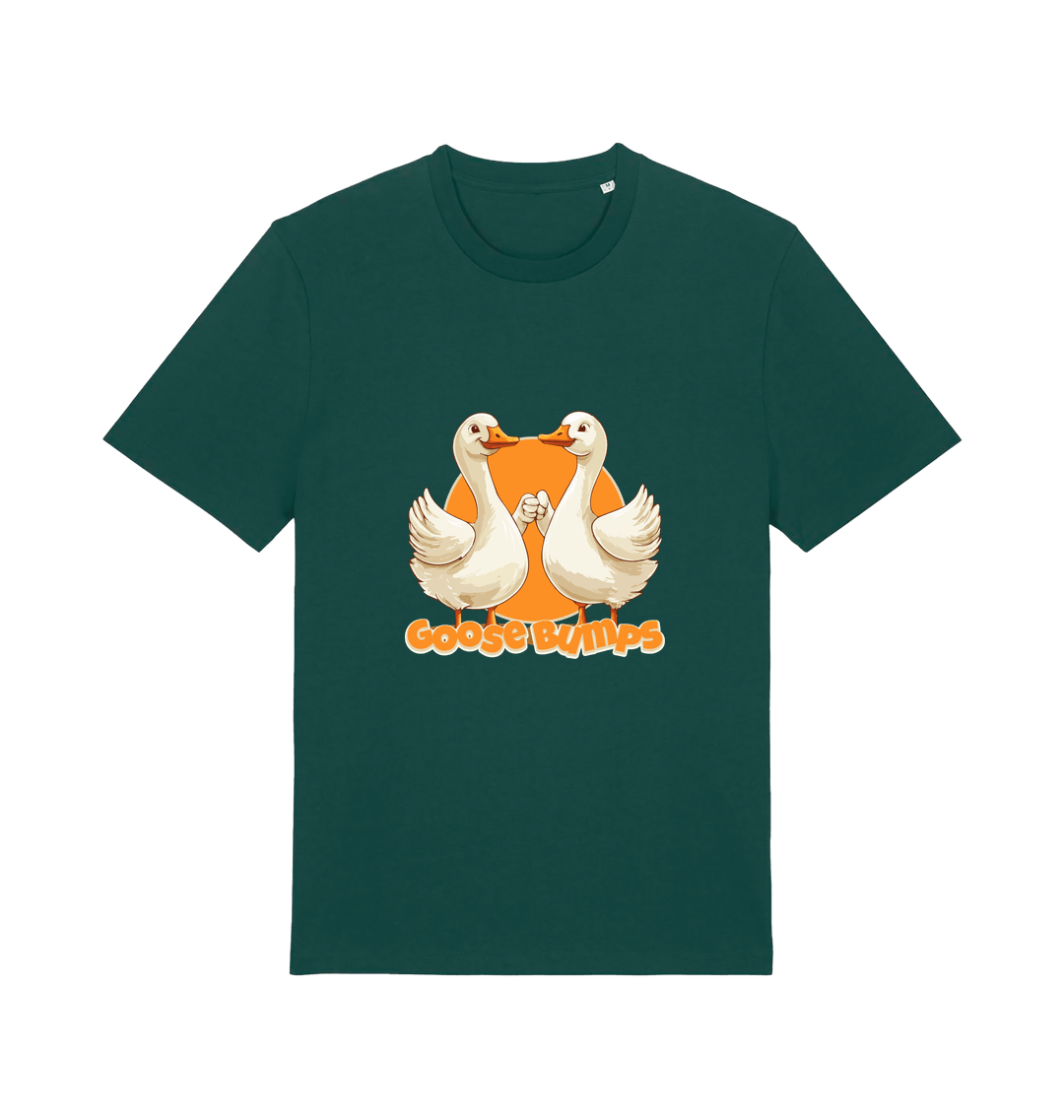 green funny animal t-shirt with the graphic of two geese fist bumping and the slogan 'goosebumps'