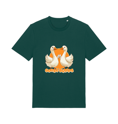 green funny animal t-shirt with the graphic of two geese fist bumping and the slogan 'goosebumps'