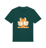 green funny animal t-shirt with the graphic of two geese fist bumping and the slogan 'goosebumps'