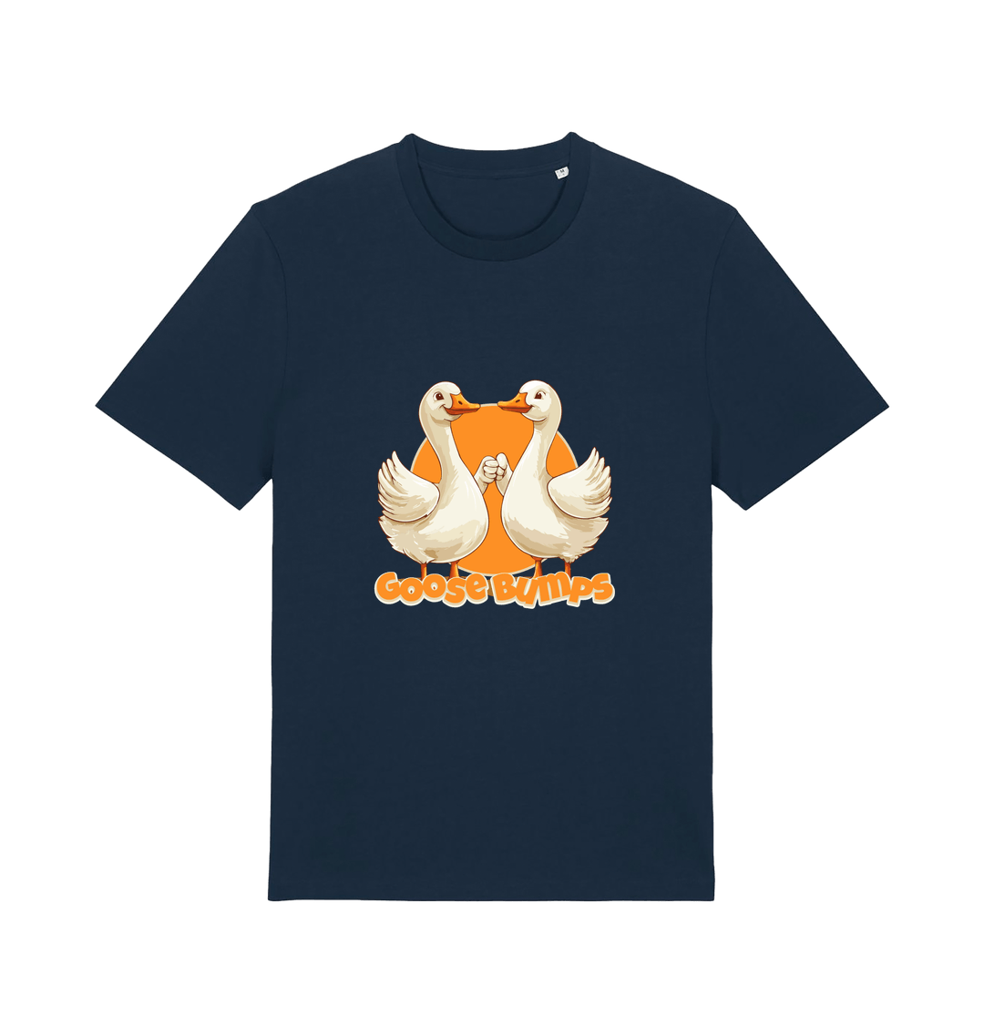 navy funny animal t-shirt with the graphic of two geese fist bumping and the slogan 'goosebumps'