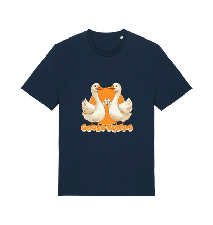 navy funny animal t-shirt with the graphic of two geese fist bumping and the slogan 'goosebumps'