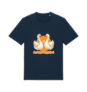 navy funny animal t-shirt with the graphic of two geese fist bumping and the slogan 'goosebumps'