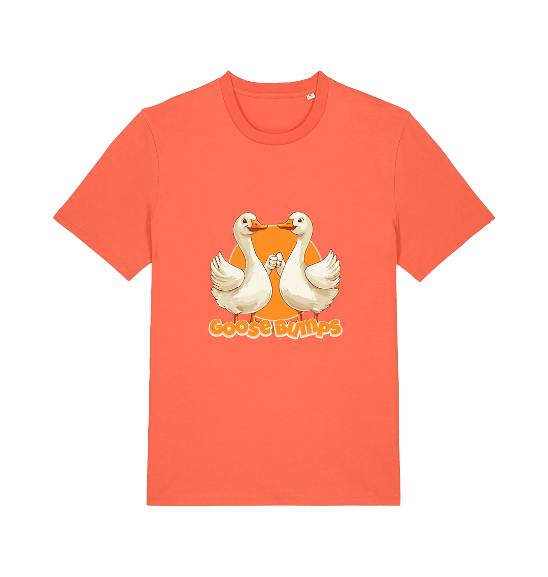 orange funny animal t-shirt with the graphic of two geese fist bumping and the slogan 'goosebumps'