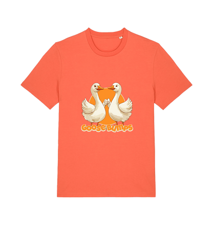 orange funny animal t-shirt with the graphic of two geese fist bumping and the slogan 'goosebumps'