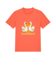 orange funny animal t-shirt with the graphic of two geese fist bumping and the slogan 'goosebumps'