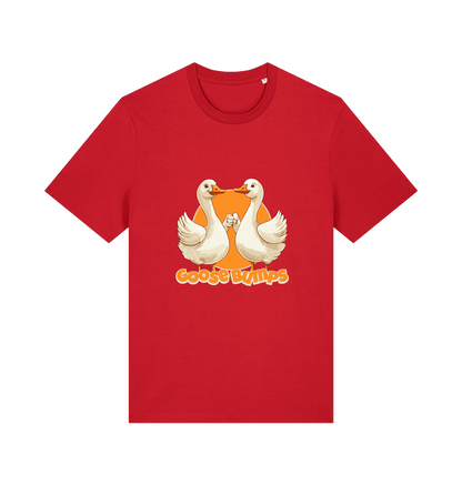 red funny animal t-shirt with the graphic of two geese fist bumping and the slogan 'goosebumps'
