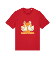 red funny animal t-shirt with the graphic of two geese fist bumping and the slogan 'goosebumps'