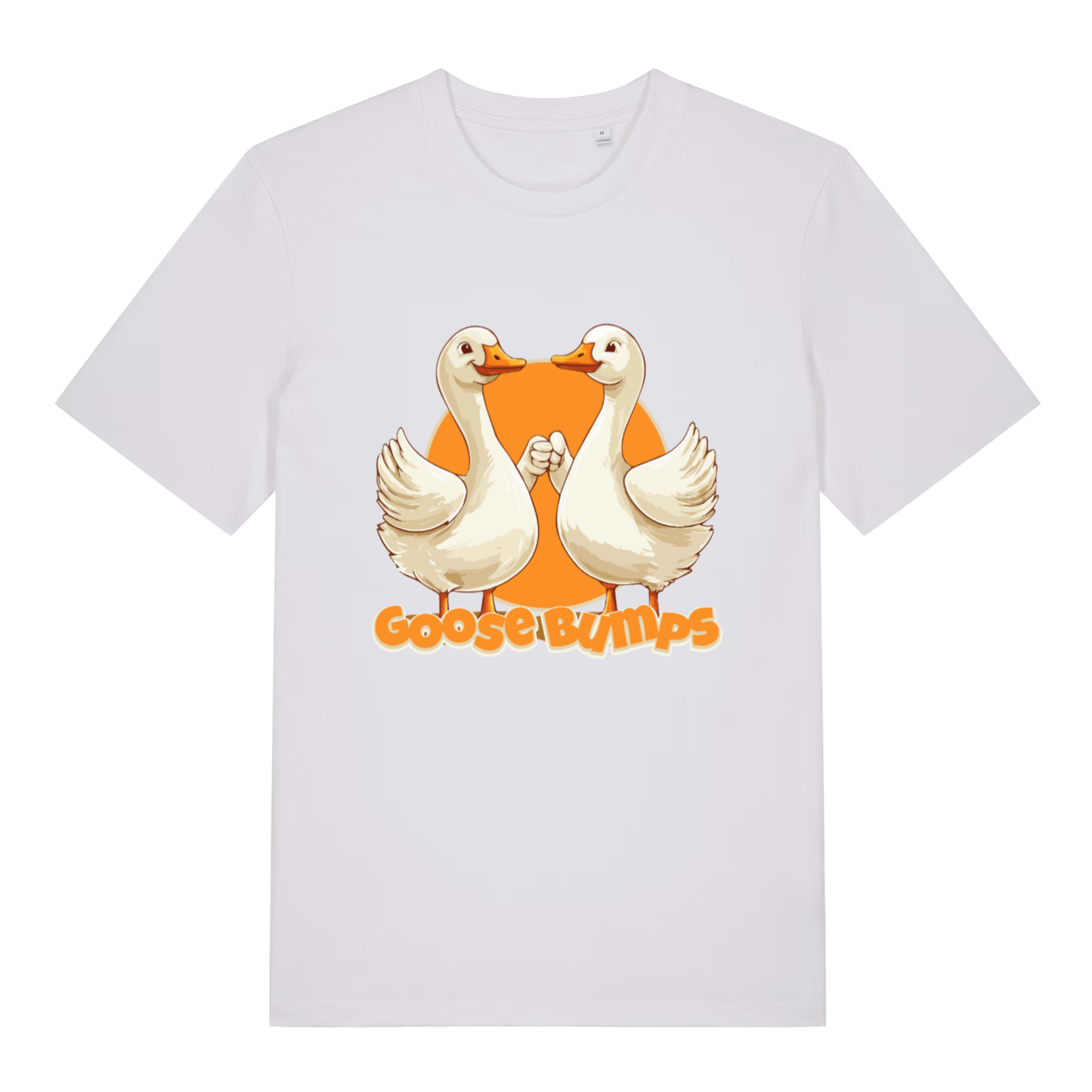 White Goose Bumps T-shirt flat lay with humorous "Goose Bumps" geese design