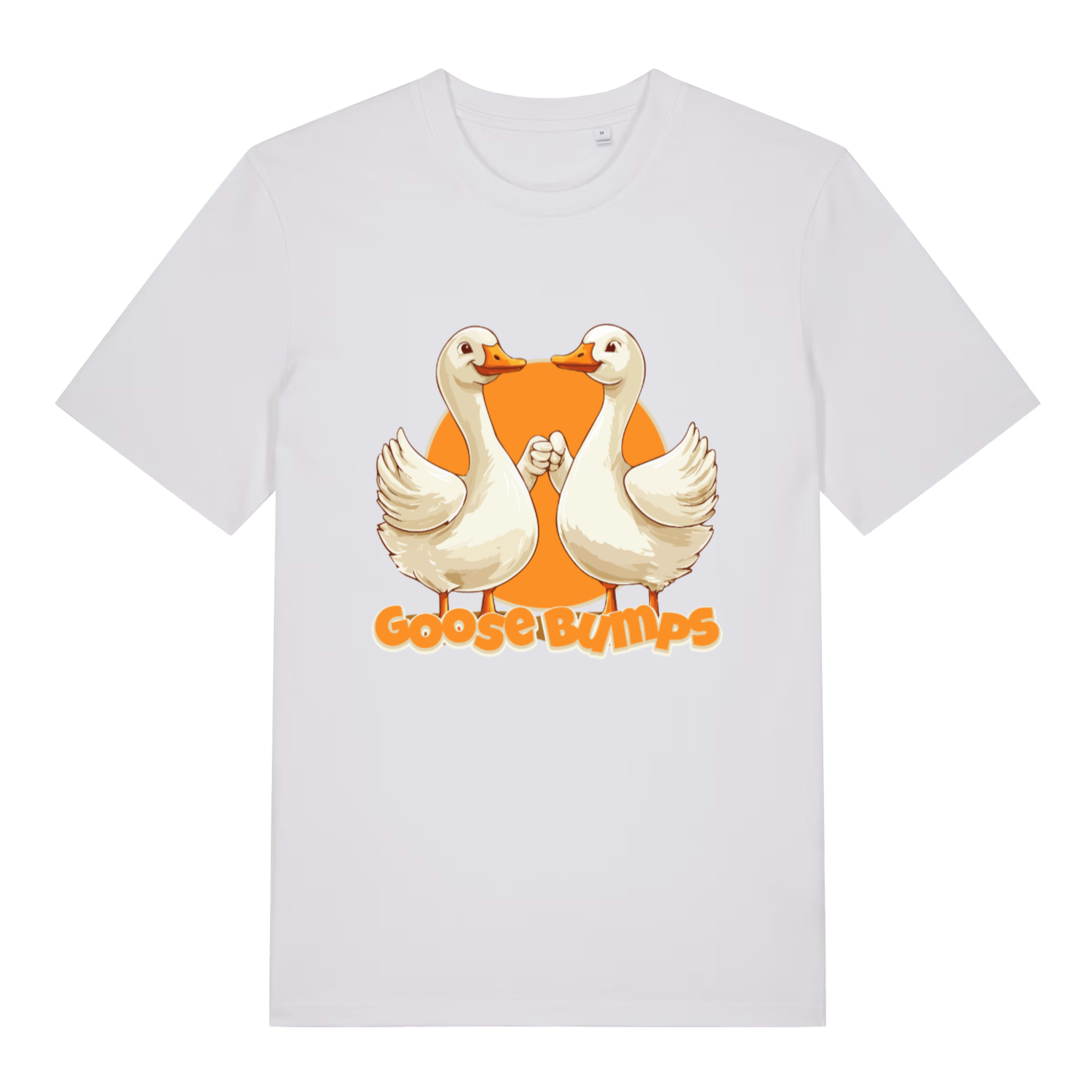 White Goose Bumps T-shirt flat lay with humorous "Goose Bumps" geese design