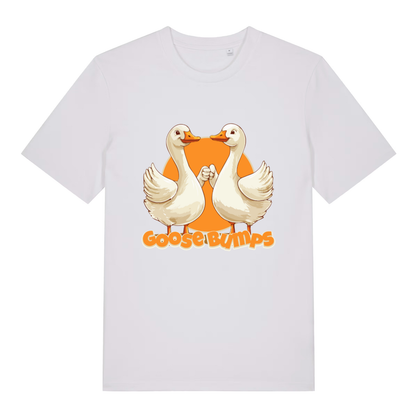 White Goose Bumps T-shirt flat lay with humorous "Goose Bumps" geese design
